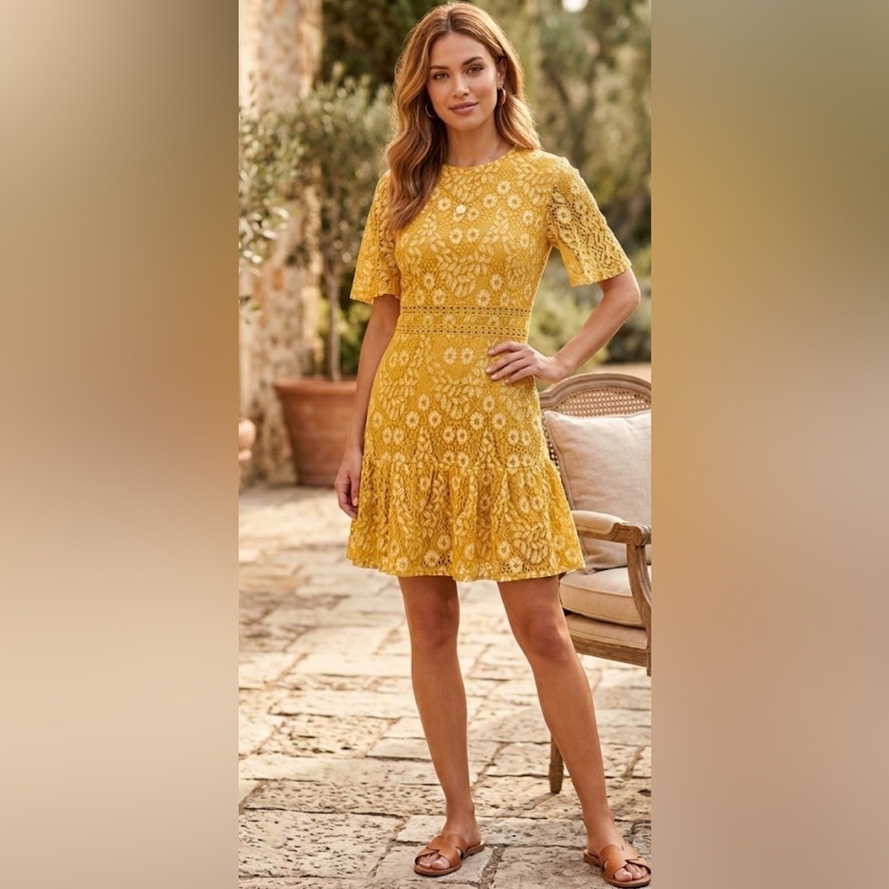 A. Calvin by Flying Tomato Elegant Yellow Lace Mini Dress